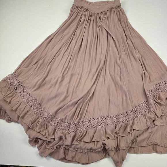 Free People Dress Womens Large Mauve Boho Maxi Lace Crochet Ruffle Smocked - Picture 11 of 14